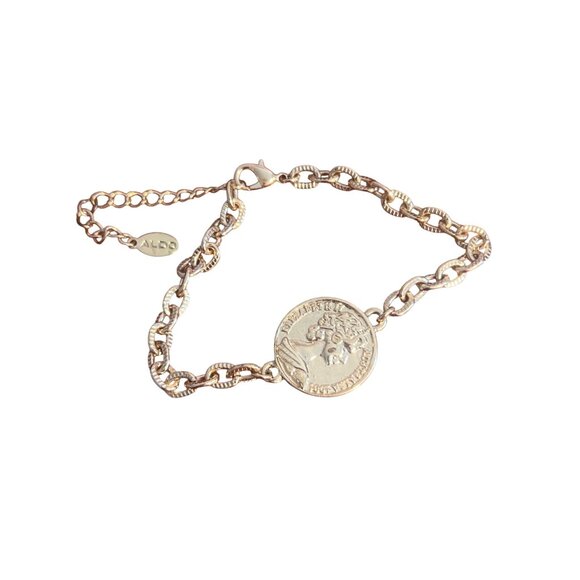 Aldo Gold Tone Coin Chain Bracelet Elizabeth Half Penny Layer Adj 7.5" + 2" - Picture 4 of 6